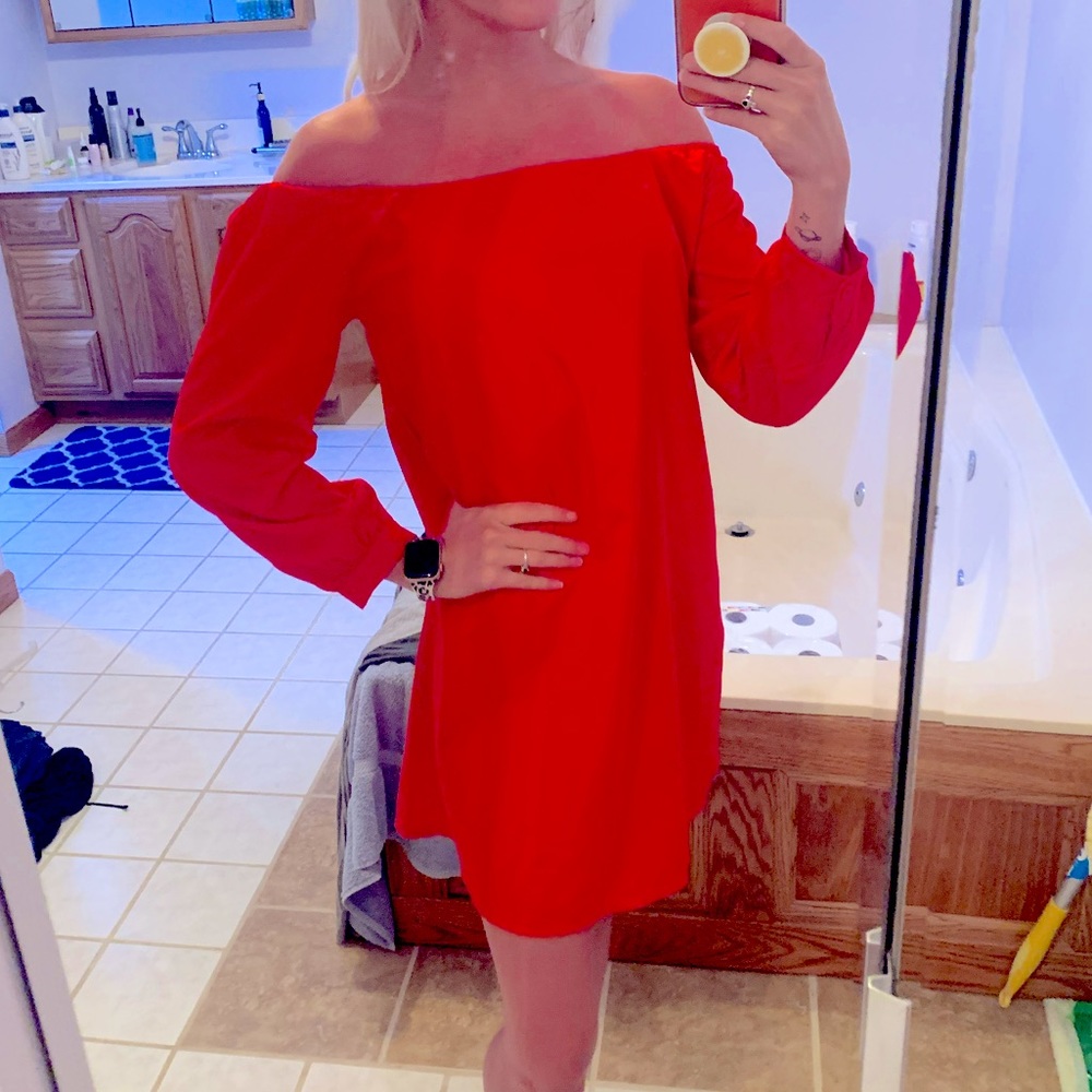 Bright red off the shoulder dress